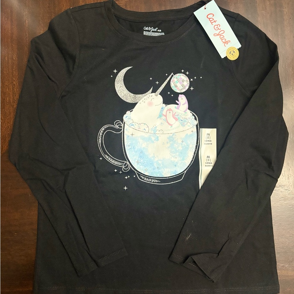 Cat & Jack Black Long Sleeve Tee with Narwhal and Moon Design